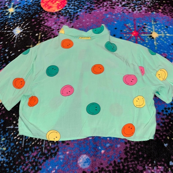 🙂colorful smiley button down crop top🙂 - Picture 4 of 4